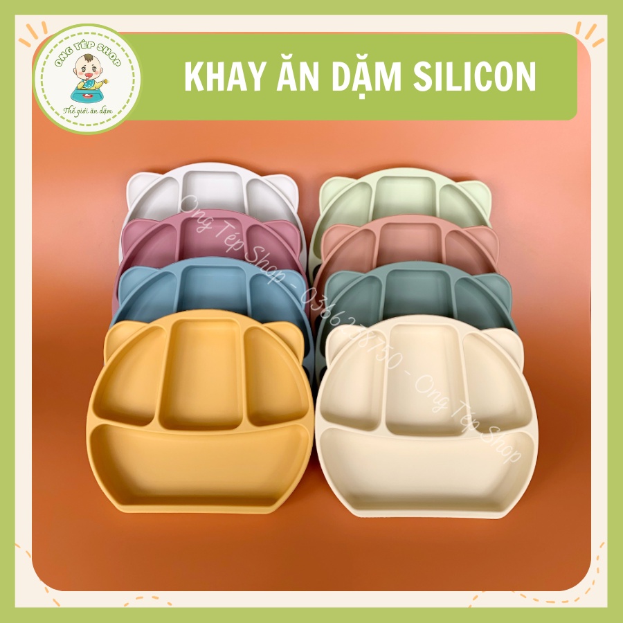 Khay ăn dặm silicon hình gấu 4 ngăn có đế hít chống lật cho bé