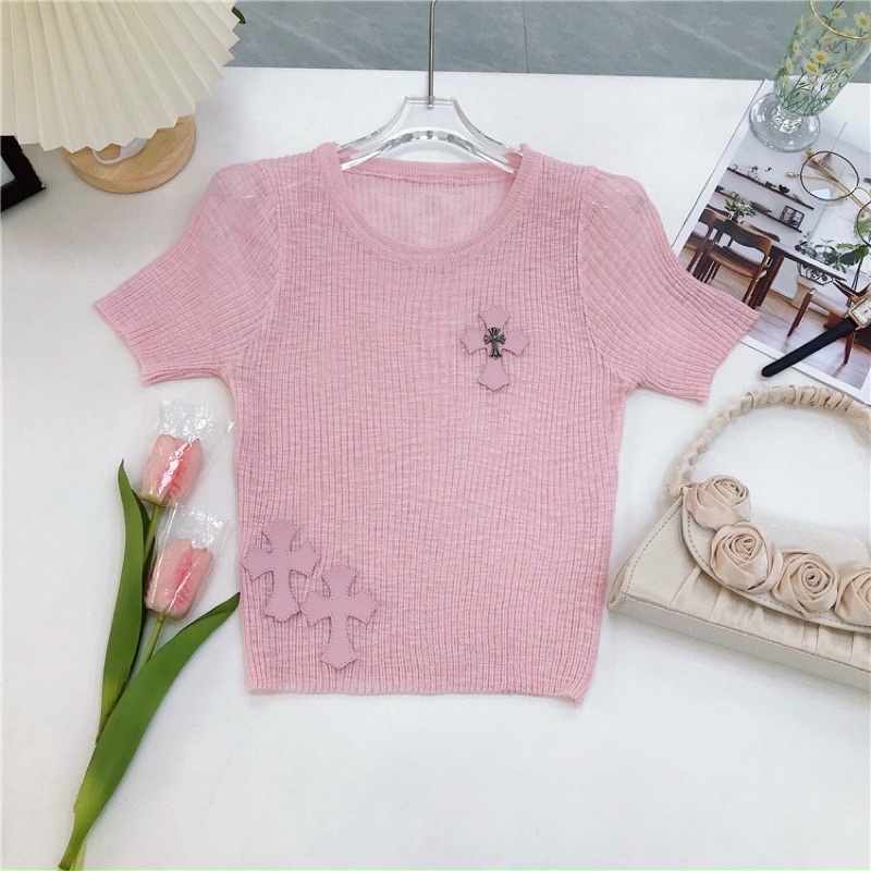 Áo len tăm mỏng mongtoghi hoạ tiết chôm hơ cổ tròn tay cộc A101