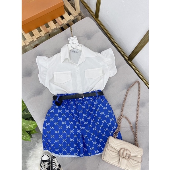 Set áo sơ mi cánh tiên mix quần short kèm đai