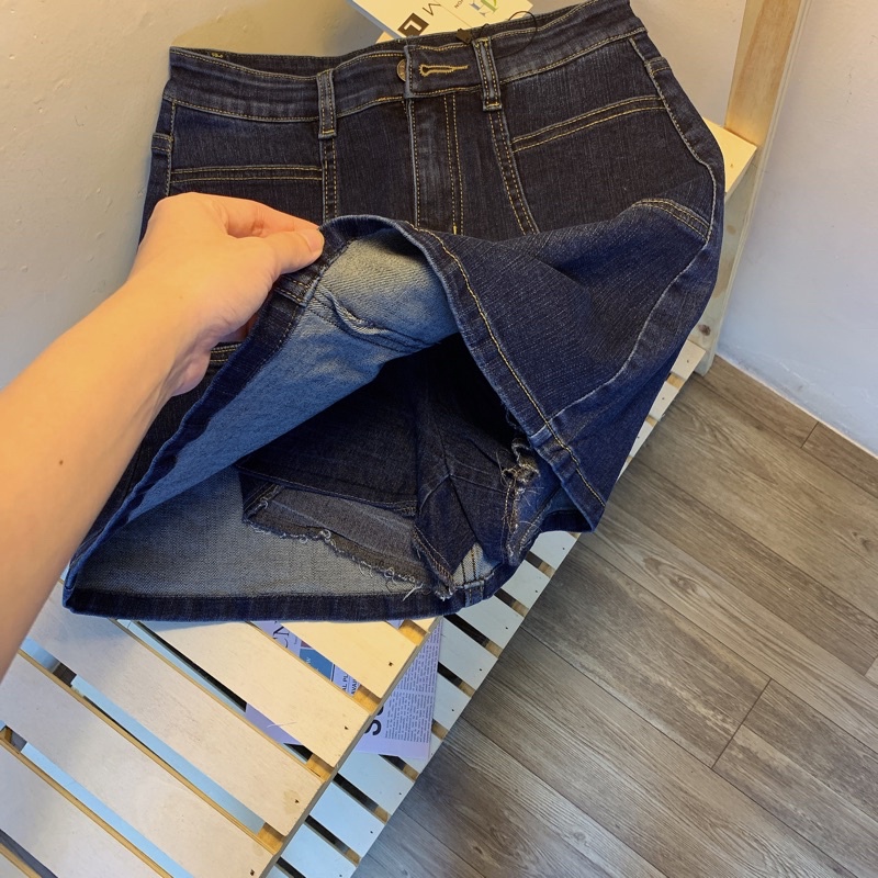 Chân Váy Jeans Chữ A Co Dãn 2 Túi Cạp Cao
