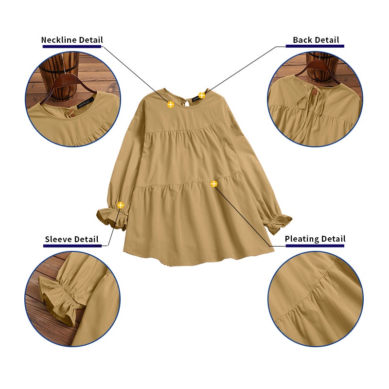 Áo kiểu Zanzea tay phồng dài cổ tròn màu trơn thời trang cho nữ