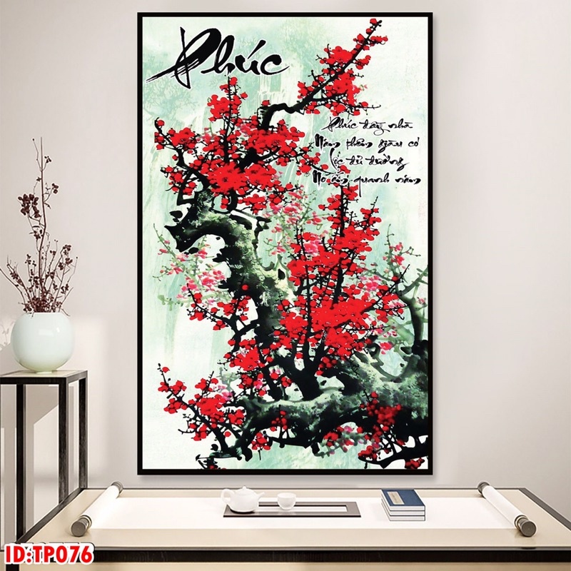 Tranh hoa đào sẵn treo chất liệu tráng gương cao cấp 50x75cm