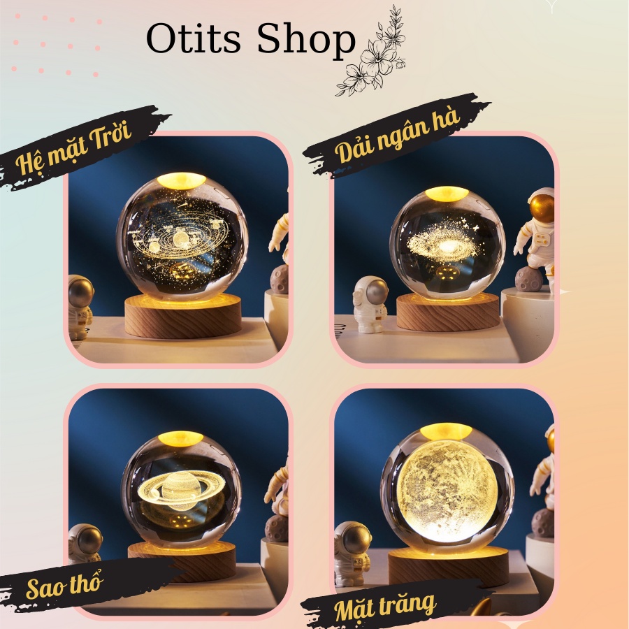 Đèn ngủ quả cầu pha lê vũ trụ để bàn, Đèn quả cầu pha lê thủy tinh decor phòng ngủ phát sáng ban đêm