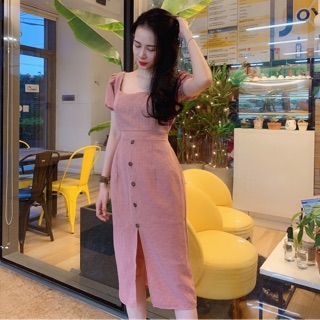 Đầm caro hồng buộc dây eo
