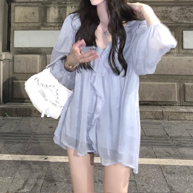 Áo babydoll bèo ngực chất voan tơ tay bồng điệu, Áo kiểu tiểu thư màu xanh dương bèo nhún form rộng | BigBuy360 - bigbuy360.vn