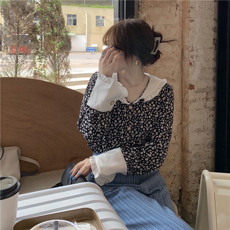 Áo Sơ Mi Dài Tay 175226Áo Dáng Rộng Họa Tiết Hoa Thời Trang Hàn Quốc Màu Sắc Trẻ Trung