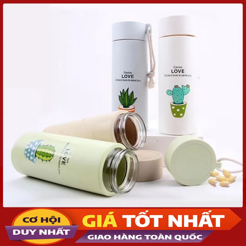 Bình Nước In Hình Xương Rồng 450ml Lõi Thủy Tinh Bọc Và Nhựa Lúa Mạch Có Dây Sách Như Hình (Màu Ngẫu Nhiên)-Violet_Store