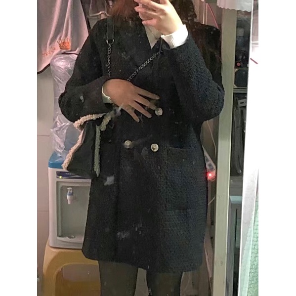 Áo khoác dạ tweed suông cổ vest dáng dài trắng đen