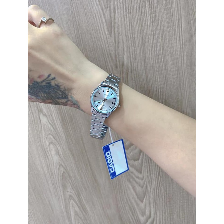 Đồng hồ Nữ Casio LTP-V005D-7A, đồng hồ chính hãng, dây thép bạc mặt GẠCH trắng