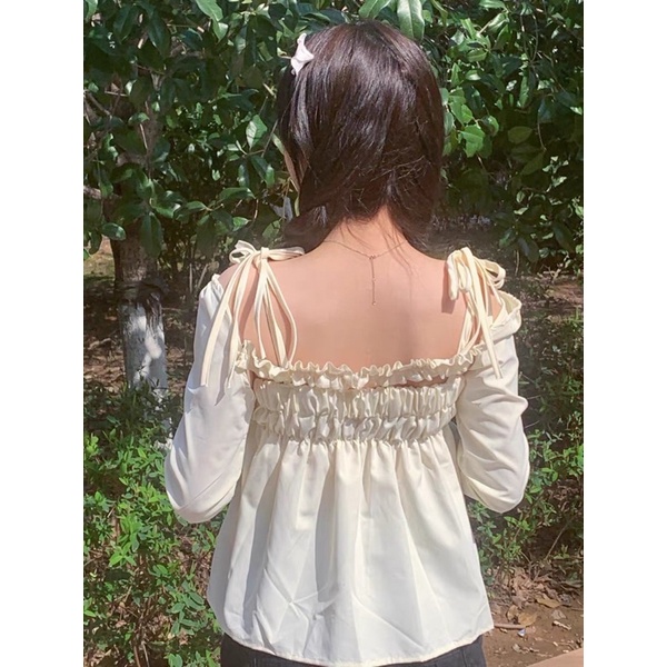 Set Áo Dây Babydoll Thắt Dây Nơ Kèm Ống Tay Dài Vàng Mơ Đáng Yêu