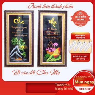 Tranh treo tường phòng khách,  Tranh thêu cha mẹ câu đối - Thêu sẵn bộ 2 bức