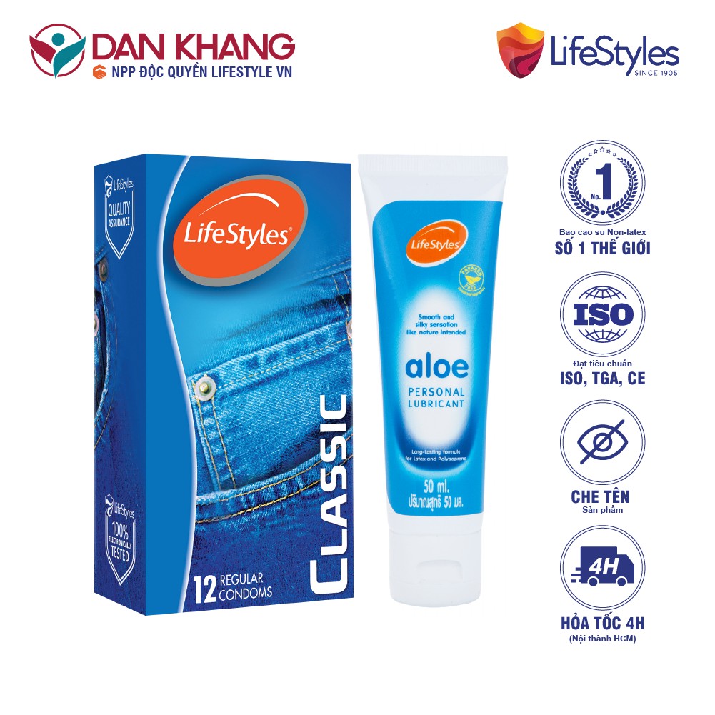 Combo Bao Cao Su LifeStyles Classic Ôm Sát Cao Cấp Hộp 12 bao + Gel Bôi Trơn Tinh Chất Lô Hội LifeStyles Aloe 50ml