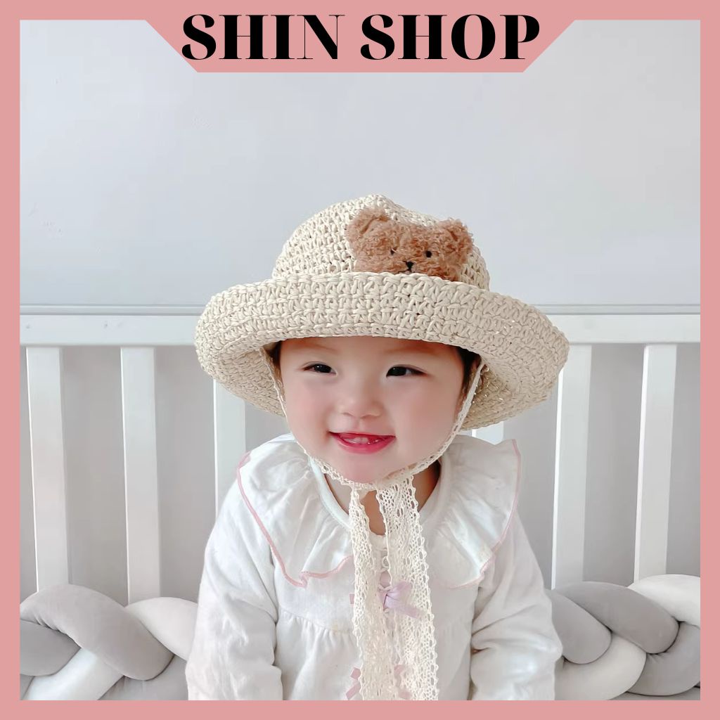 Mũ nón bucket chất cói mềm đính gấu bông xù dễ thương cho bé từ 8 -18 tháng MH178 SHINSHOP