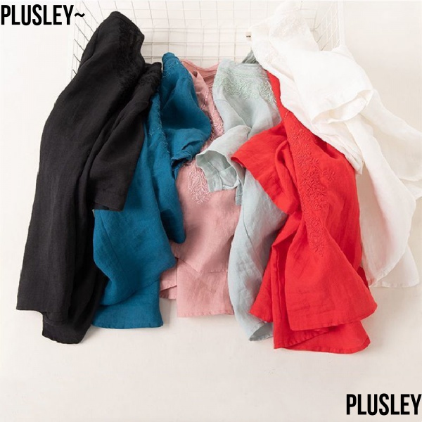 Áo Thun Cotton Lanh Tay Ngắn Cổ Chữ v Thêu Họa Tiết Thời Trang Mùa Hè Kiểu Mới Cho Nữ