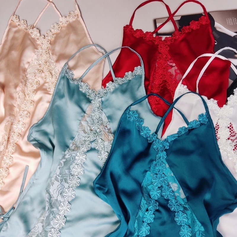 Váy ngủ 2 dây phối ren, kiểu sexy kèm quần, kiểu dáng gợi cảm, chất lụa đẹp, phom dưới 55kg- theo chiều cao | BigBuy360 - bigbuy360.vn