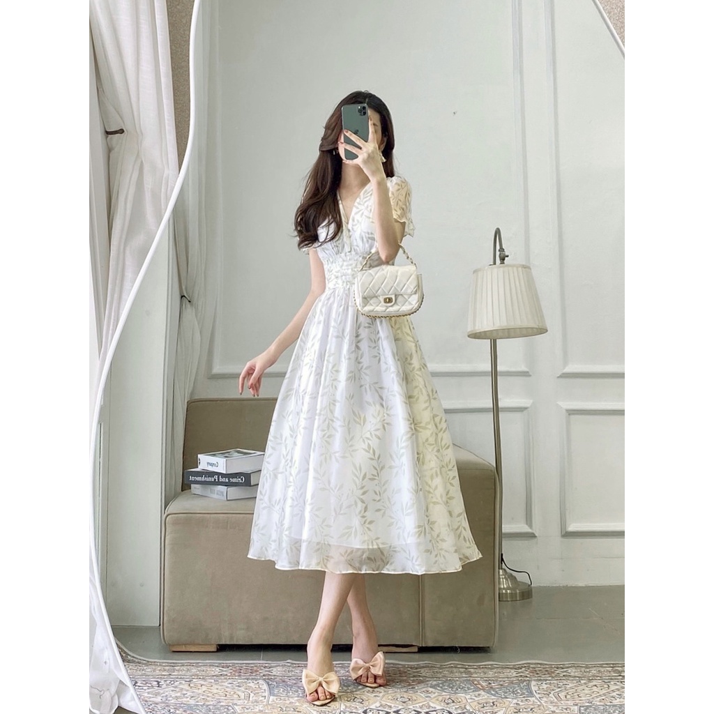 Váy cổ V nhún eo_1VA1340TR_Lep'