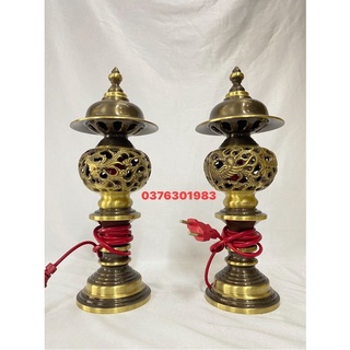 Đôi đèn điện thờ bằng đồng họa tiết rồng Phượng cao 32cm , đèn thờ Long Phượng bằng đồng màu giả cổ