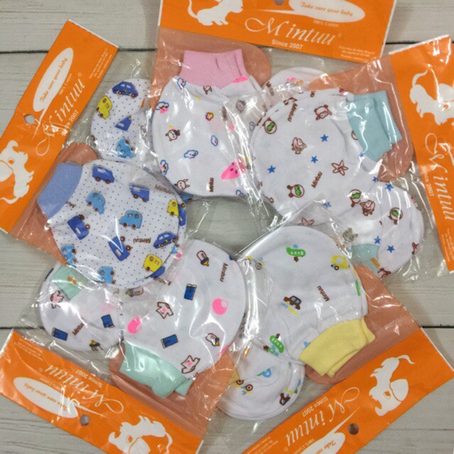 Combo Sét 5 Cặp Bao Tay + 5 cặp bao Chân Cho bé sơ sinh Có Màu và Họa tiết Thun 100% Cotton Hiệu Mintuu