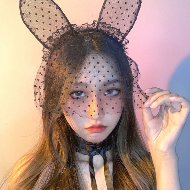 Băng Đô Cài Tóc Tai Thỏ Vải Lưới Phối Mạng Che Mặt Hóa Trang