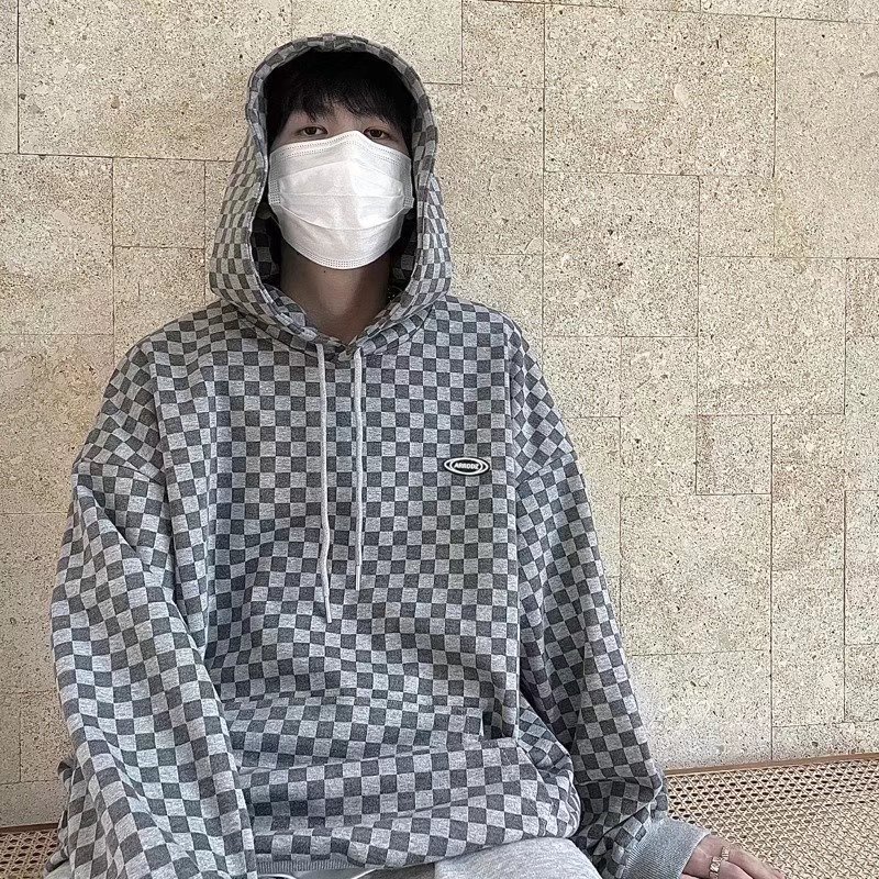 Áo sweater nỉ mũ trùm cổ tròn dáng rộng in sọc caro thời trang Mỹ cổ điển cho nam nữ