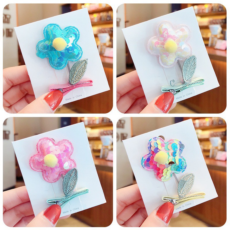 Kẹp Tóc Lò Xo Hình Bông Hoa Đính Kim Sa Lấp Lánh Cho Bé