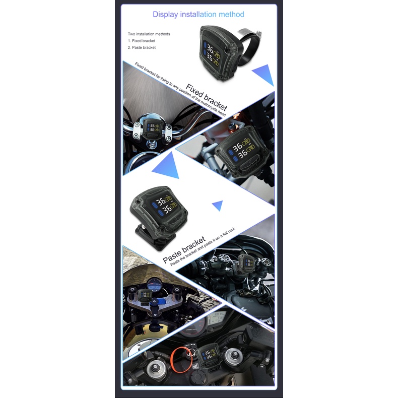 Hệ thống giám sát áp suất lốp xe máy không dây TPMS sạc USB 2 cảm biến trong/ngoài có màn hình LED