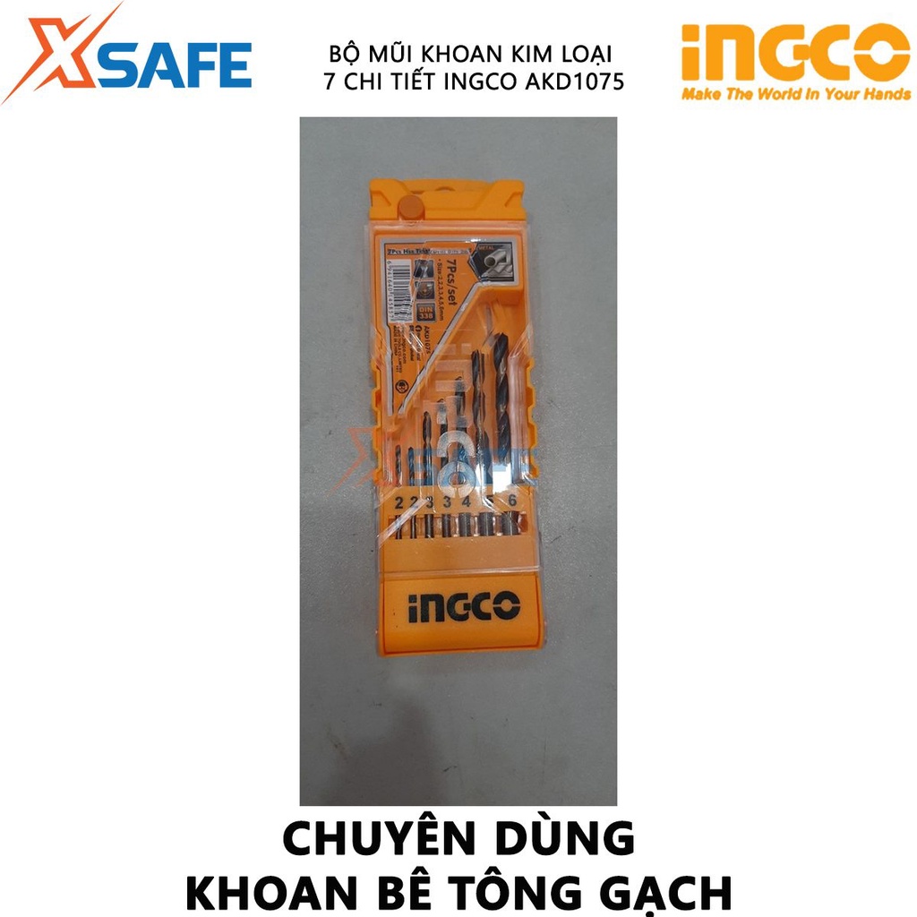 Bộ mũi khoan kim loại 7 chi tiết INGCO AKD1075 gồm các size 2,3,4,5,6,7,8 đóng gói trong hộp nhựa