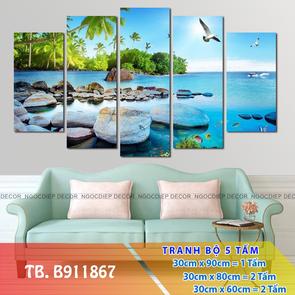 [SALE] bộ 5 tấm tranh treo tường, bờ biển, tranh phòng khách, tranh phong thủy tuyệt đẹp loại 1 giá rẻ 40*80|105|120
