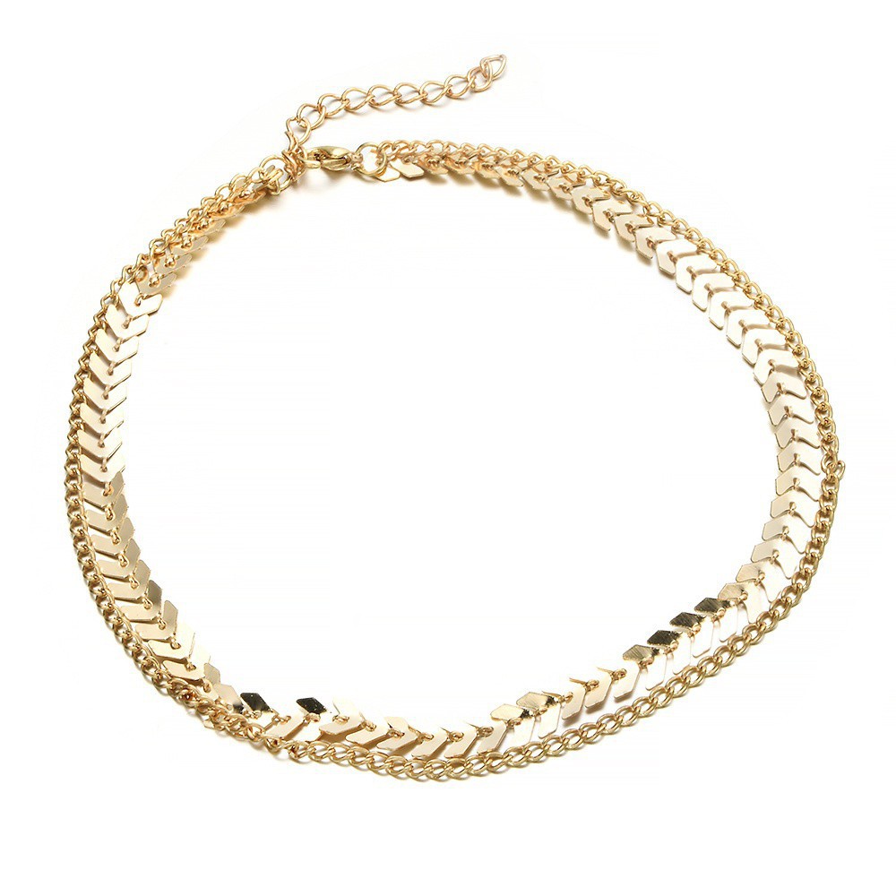 Vòng cổ choker bằng kim loại thiết kế 2 dây hình chuỗi lá đơn giản