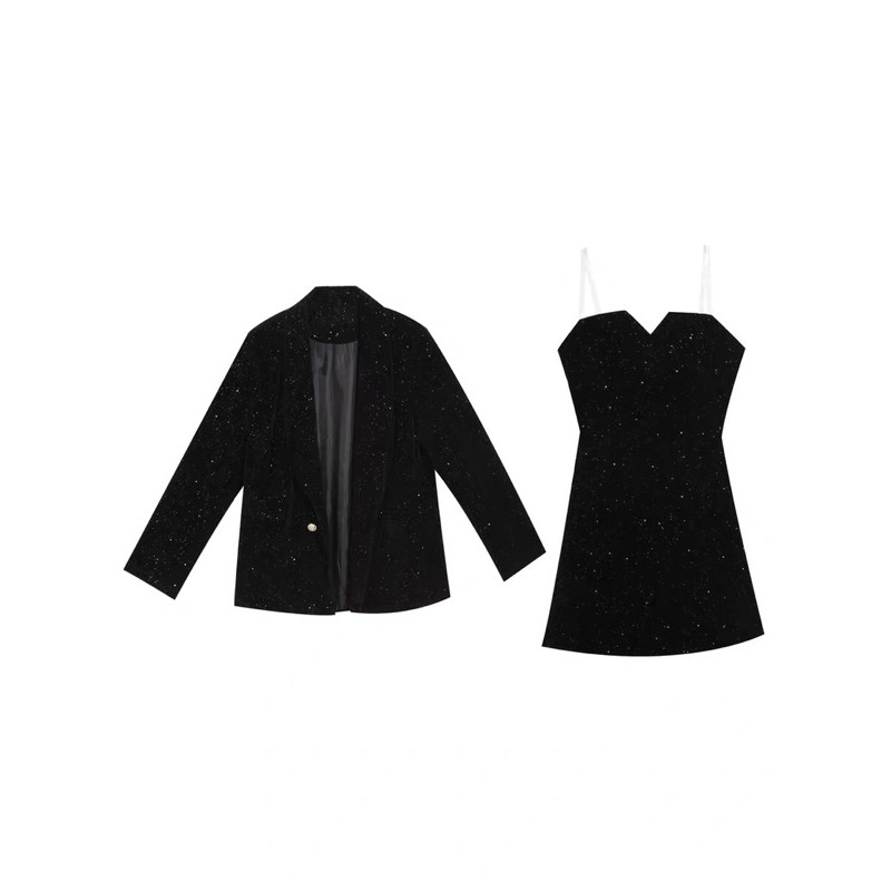 Set áo blazer nhung nhũ + váy 2 dây nhung nhũ