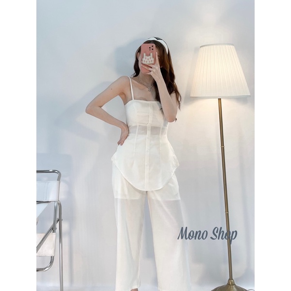 Set áo 2 dây trắng mút ngực tà vạt lạ mắt kèm quần suông 2 túi phom đẹp Ảnh thật/ sẵn