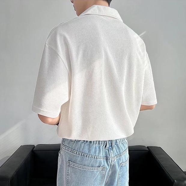 Áo polo Tay Ngắn Dáng Rộng Cổ Bẻ Co Giãn Màu Sắc Trơn Phong Cách Hàn Quốc Dành Cho Nam Sinh