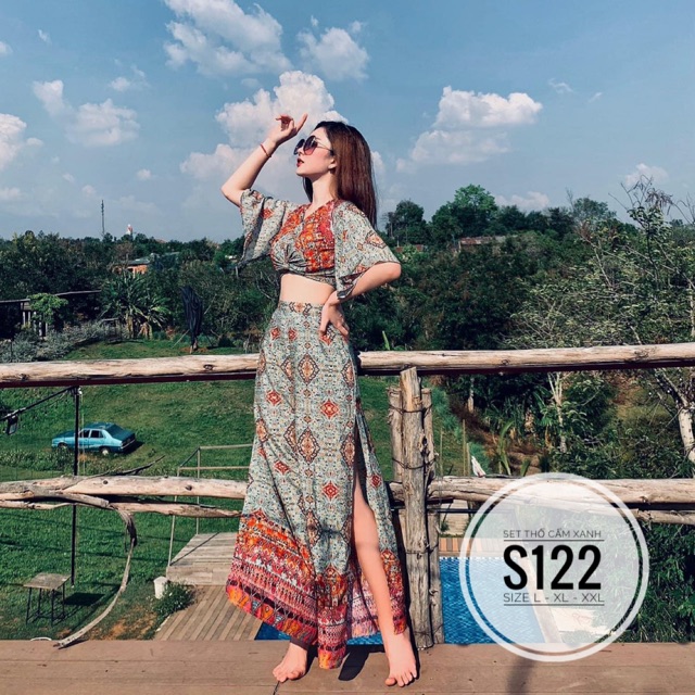 Bigsize Set thổ cẩm xanh S122