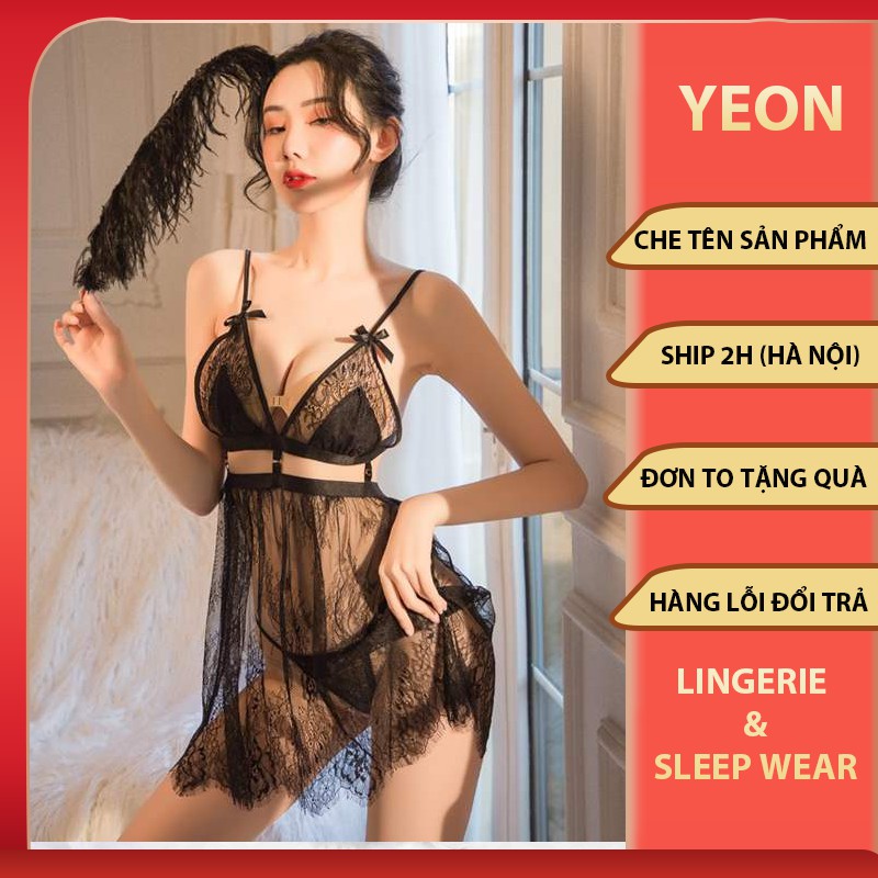 Váy Ngủ Sexy - Đầm Ngủ Ren Mờ 2 Dây Ngực Thêu Hoạ Tiết Hoa Đuôi Tôm Xẻ Tà Kèm Quần Lọt Khe Siêu Sexy