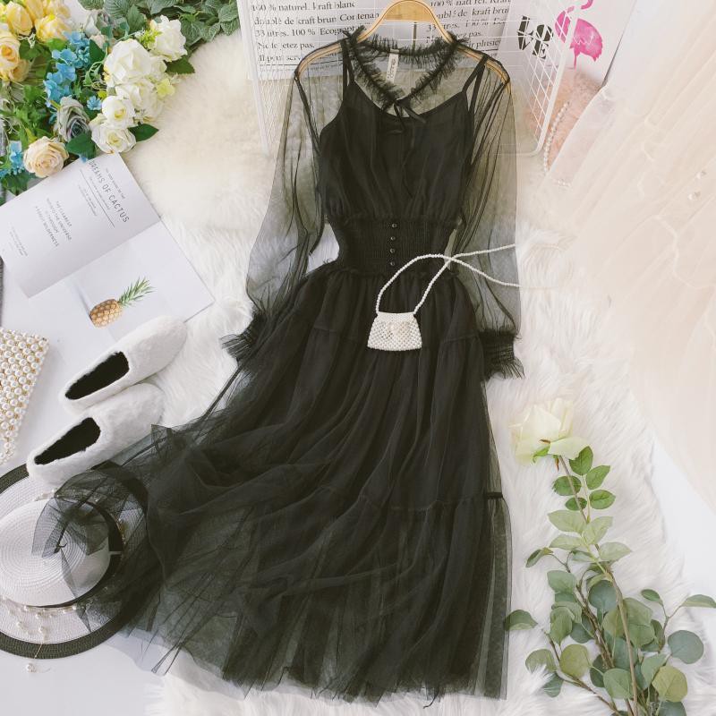M21 - Đầm công chúa Ulzzang tay bồng dáng dài phối lưới bo eo xinh xắn (5 màu) | BigBuy360 - bigbuy360.vn