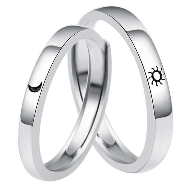 Nhẫn kim loại chạm khắc hình mặt trăng/mặt trời đính đá độc đáo