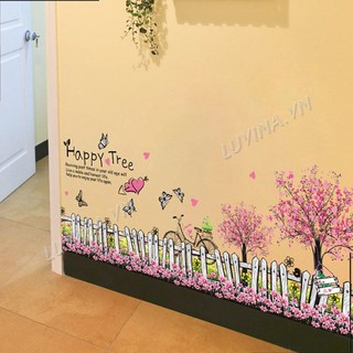 Decal dán tường trang trí phòng khách, phòng ngủ, nhà bếp,quán cafe,phòng cưới - Chân rào hoa đào tình yêu