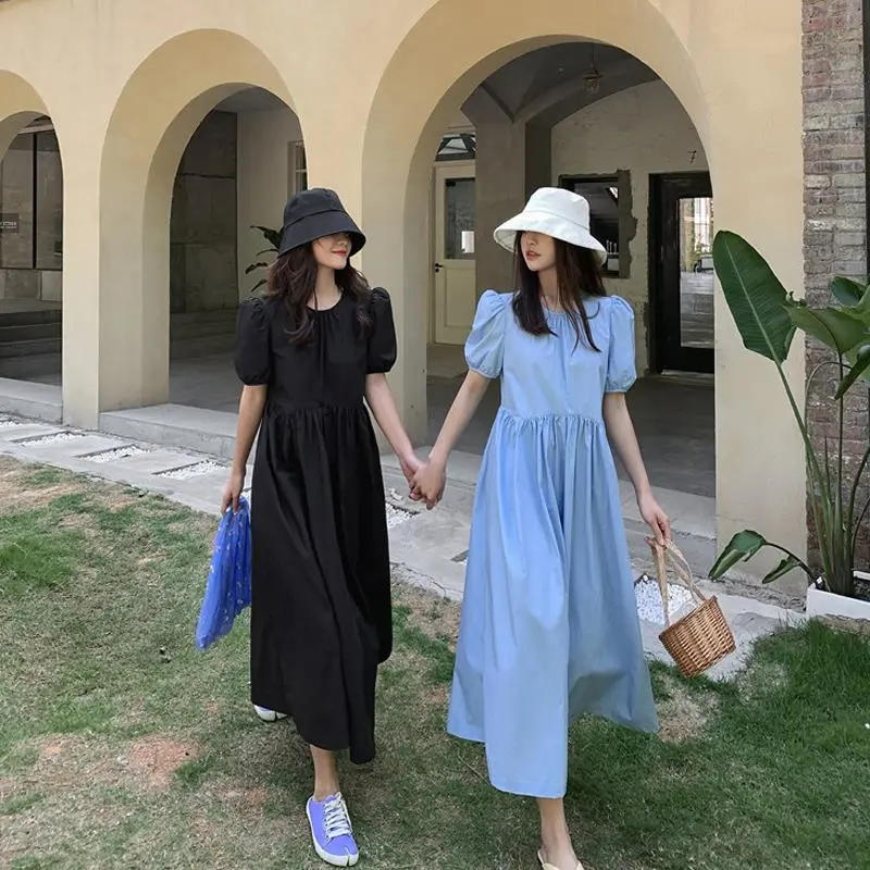 Đầm Nữ Ngắn Tay Cổ Tròn Eo Thắt Thời Trang Hàn