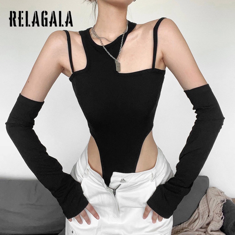 Relagala Bộ Áo Liền Quần Không Tay Ôm Dáng Màu Trơn Thời Trang Đường Phố Gợi Cảm Cho Nữ
