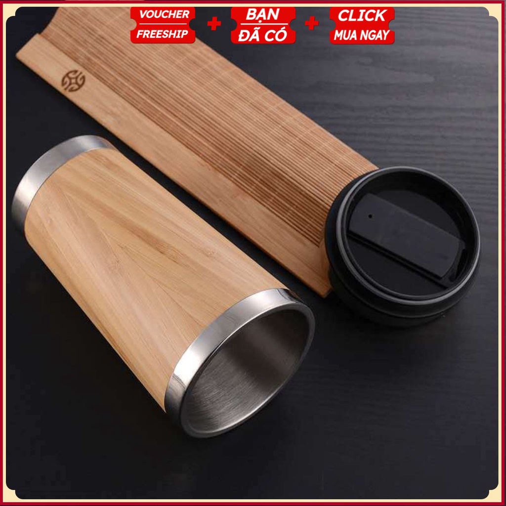 Cốc - Ly Uống Nước Vỏ Tre Cao Cấp - Lõi Inox 304 Giữ Nhiệt - 450ml (Tặng Ống Hút Inox Gập 0.6 x 21cm)