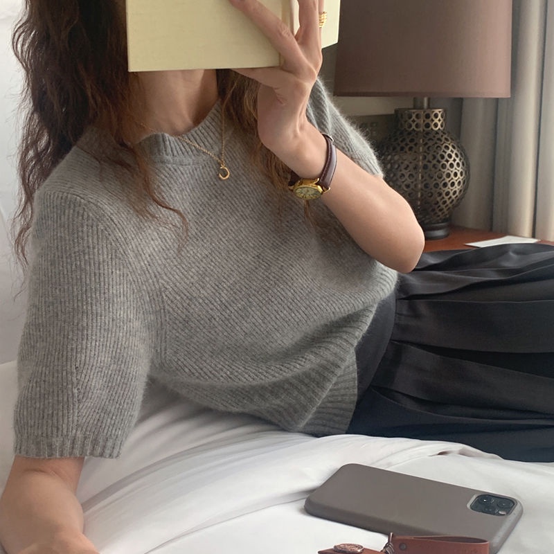 Áo Thun Dệt Kim Tay Ngắn Phong Cách Retro Hàn Quốc Đơn Giản Dễ Phối Đồ Dành Cho Nữ