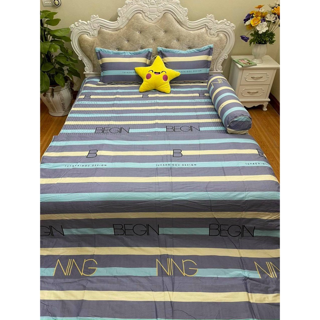 [COMBO RẺ SIÊU CẤP] SET 5 MÓN GA TRẦN BÔNG + CHĂN COTTON LỤA + 2 GỐI CÙNG MÀU BAMBILOO CAO CẤP