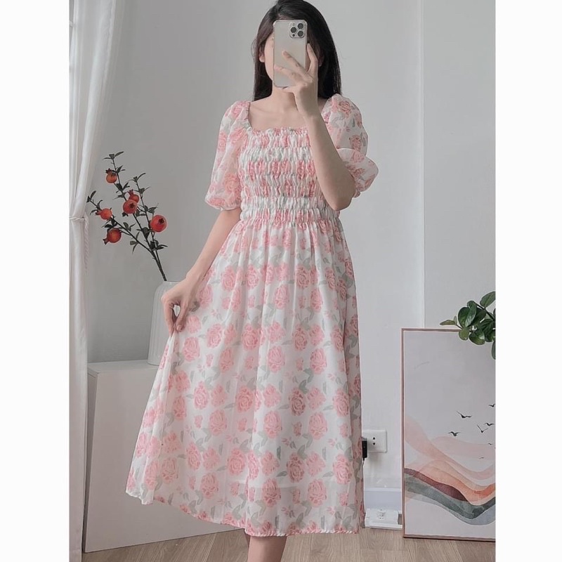 Đầm - Váy babydoll voan tơ hoa hồng chun thân Vintage