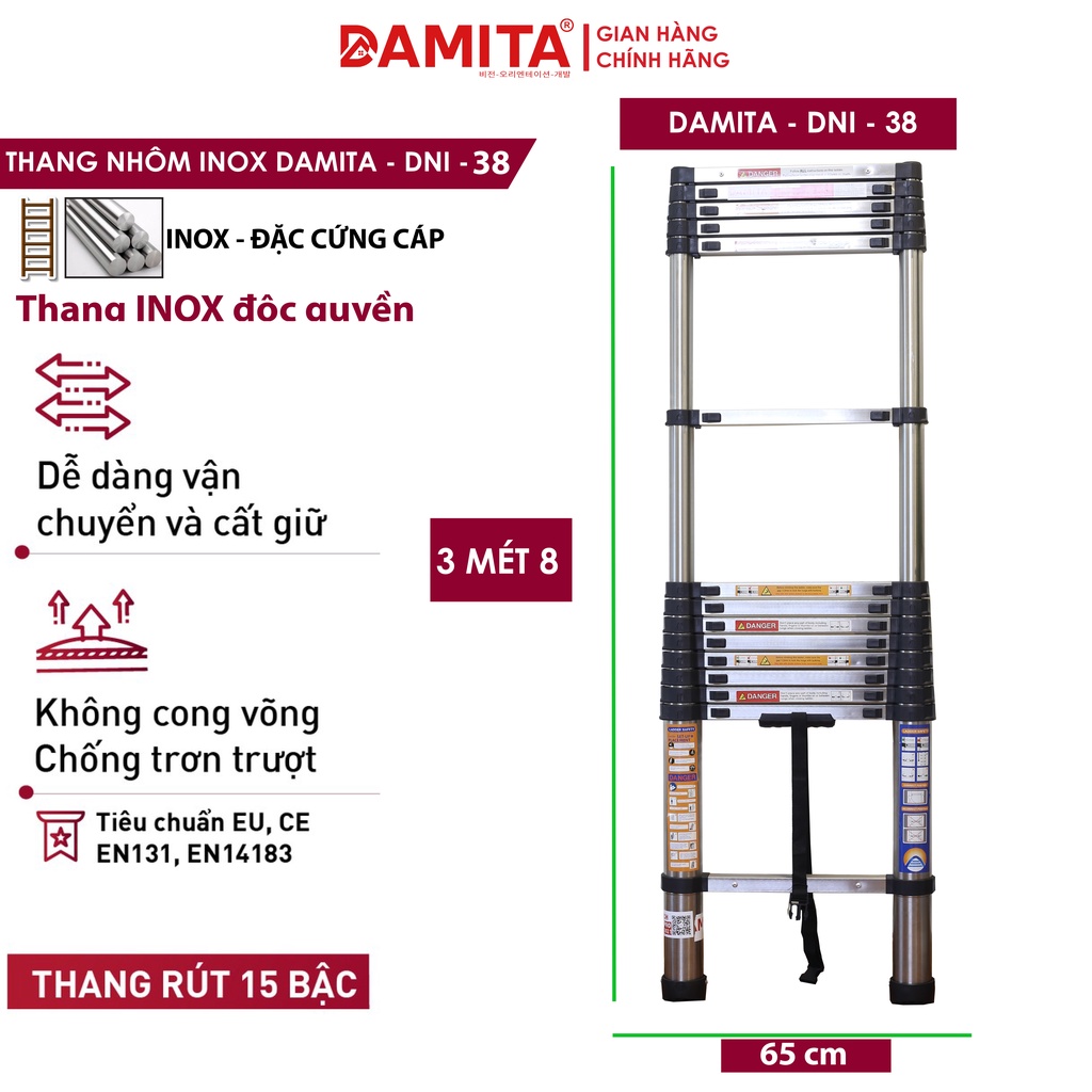 Thang nhôm rút đơn 3.8m INOX DAMITA 2022 mới cao cấp rút gọn đa năng đai an toàn nhựa ABS bảo hành 24 tháng FREESHIP 2h