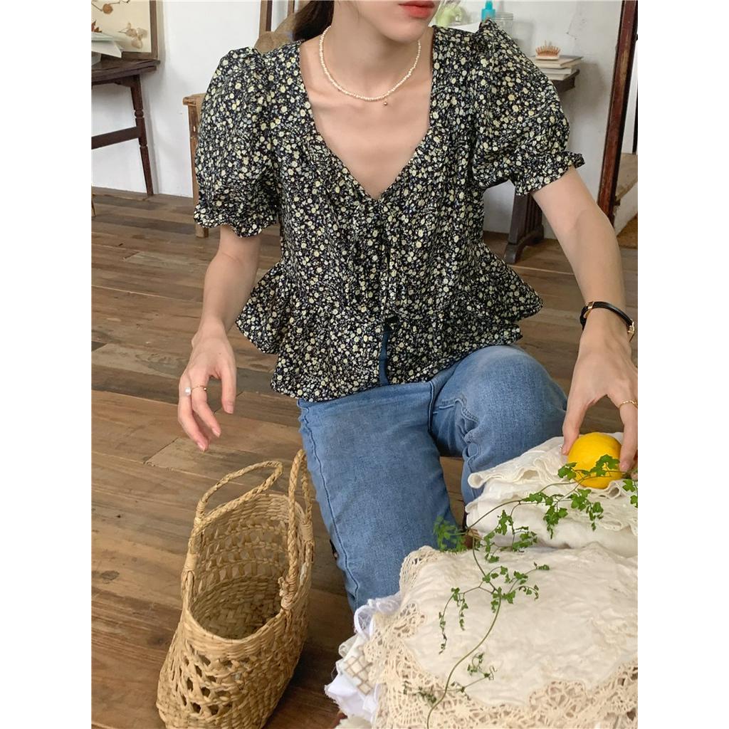 Áo Sơ Mi Nữ Tay Ngắn Xếp Nếp In Hoa Phong Cách Mới Mùa Hè 53217