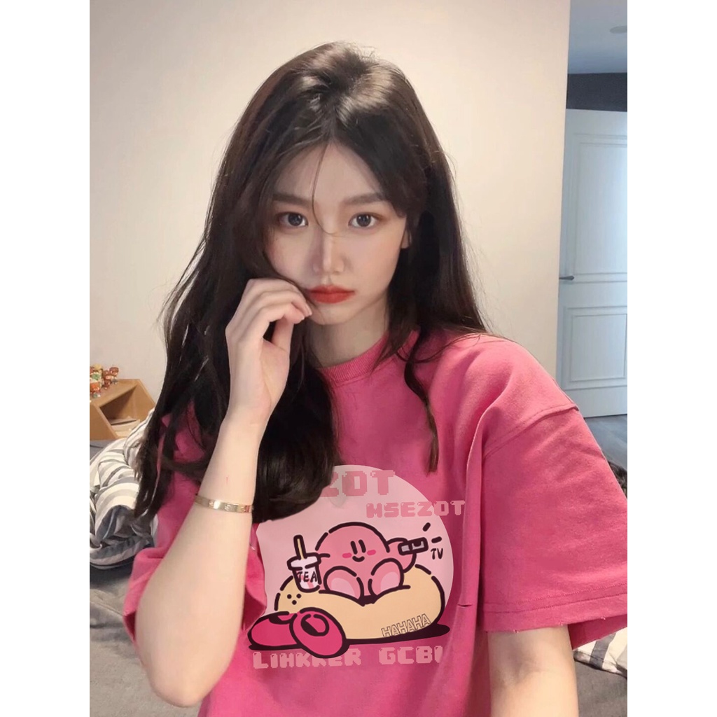 Áo Thun cotton Ngắn Tay Cổ Tròn In Họa Tiết Hoạt Hình Phong Cách Hàn Quốc Cho Nữ