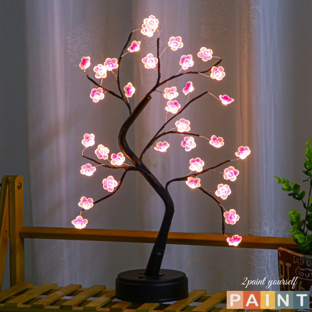 Đèn để bàn led trang trí hoa đào giả, đèn hình cây decor nhà cửa