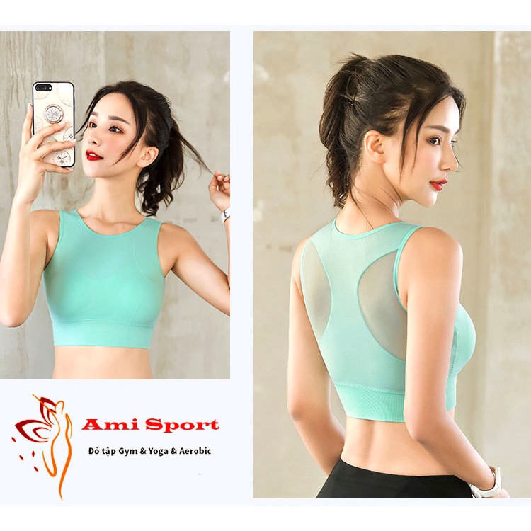Áo bra tập Gym Yoga Aerobic phối lưới có mút ngực lót trong, mặc tôn dáng, vải co giãn, thấm hút mồ hôi A12