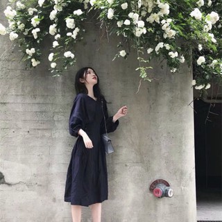 Đầm váy freesize đen tay lỡ đan dây eo