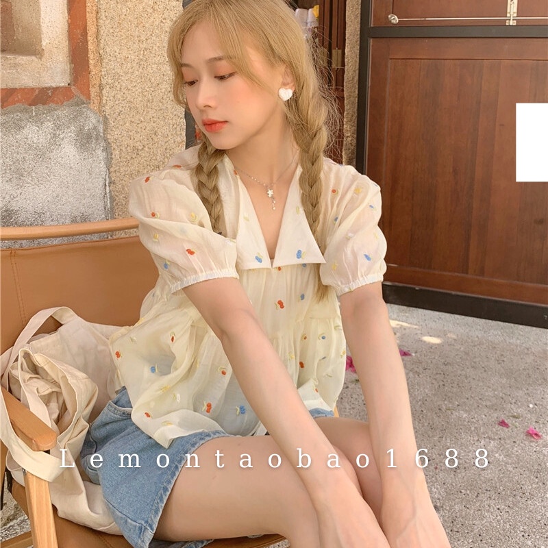 Áo chiffon tay ngắn cổ bẻ chữ V họa tiết dễ thương mùa hè